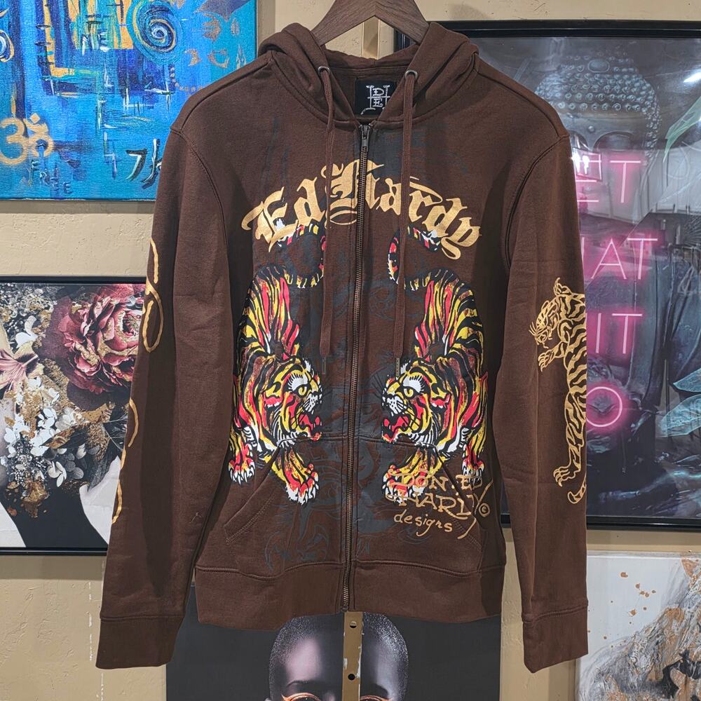 NWT Ed Hardy Y2K Style Deadstock Grunge Tigers Brown Hoodie Oversized S